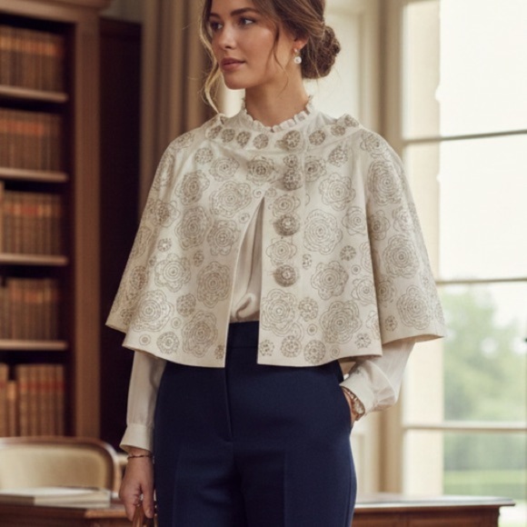 Ann Louise Roswald Jackets & Blazers - Beaded Silk Lined Caplelet Style Cropped Cream Blazer Size 6 Luxury Old Money